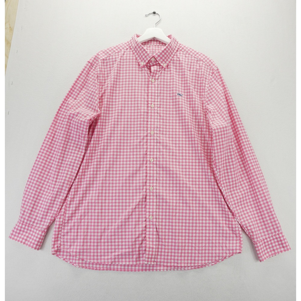Vineyard Vines Performance Classic Fit Whale Shirt Pink Gingham Nylon Mens Large